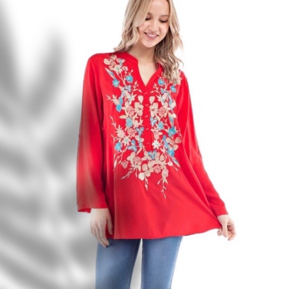 Luna Moon Other - Vibrant Red Floral Embroidered Swim Coverup